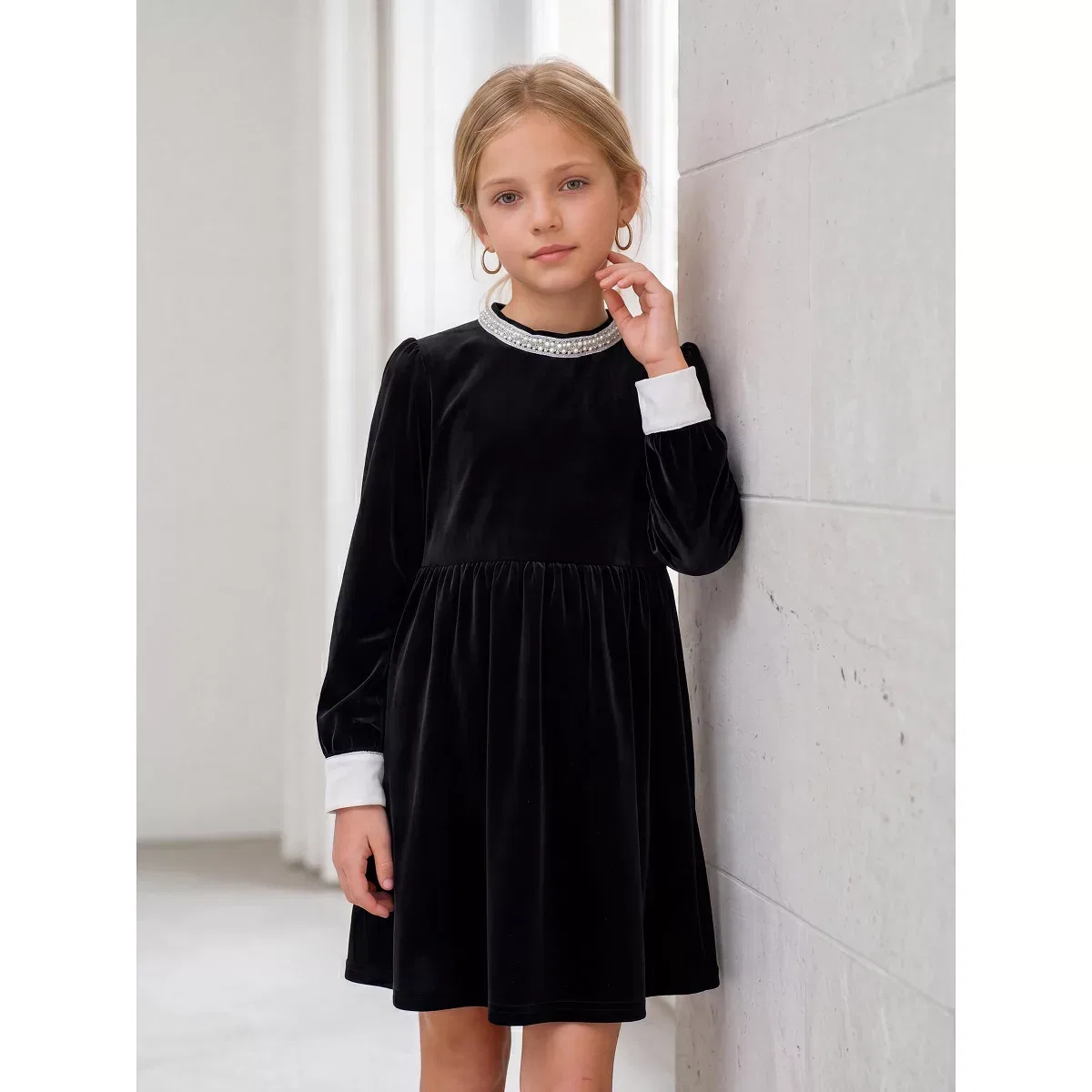 Детское платье для девочек из велюра с длинным рукавом INSPIRE CHIC, Black — фото 2