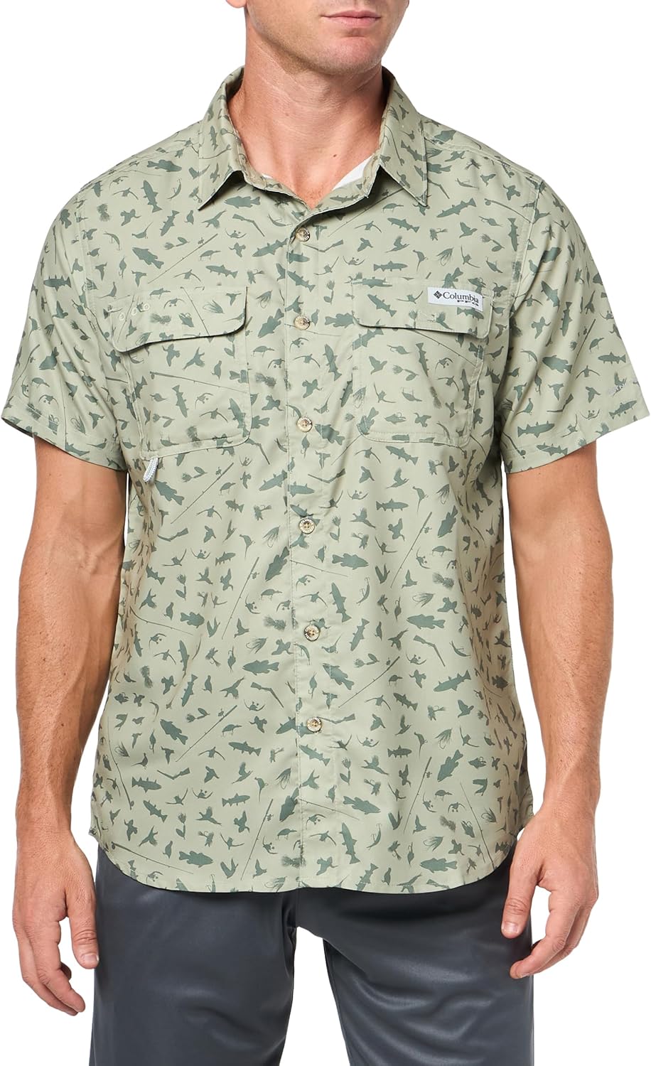

Рубашка Columbia Mens PFG Uncharted с коротким рукавом и принтом, Smokey Sage Cast N Blast
