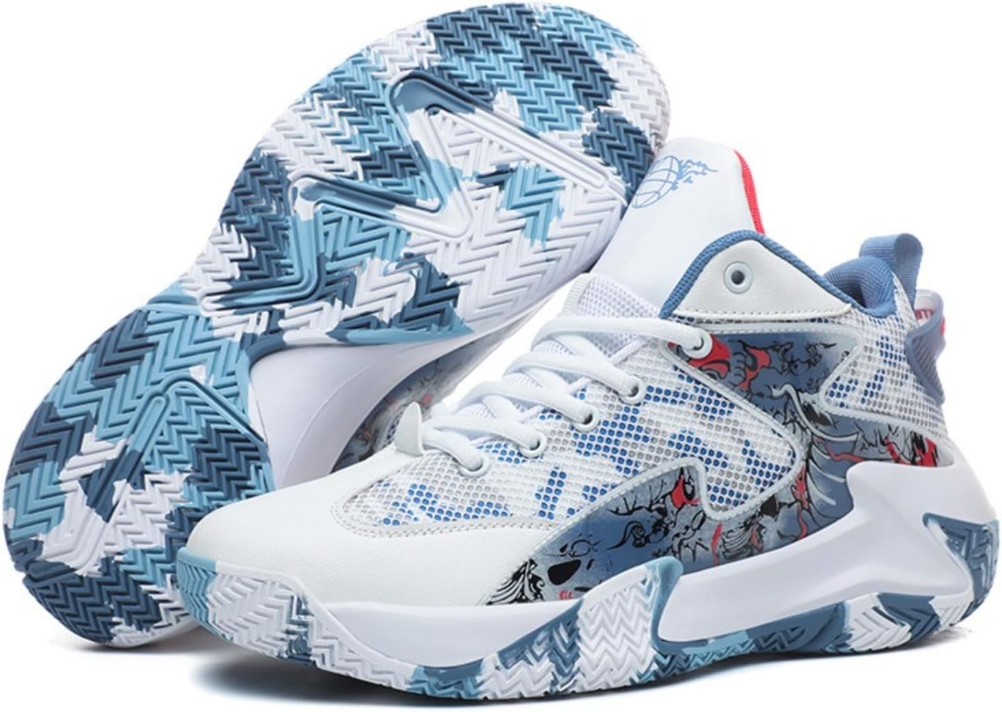 

Мужские кроссовки QKLMWES с высокой шнуровкой, кожаная сетка, легкие, противоскользящие, для баскетбола, тенниса, волейбола, бейсбола и других видов спорта, белый/синий