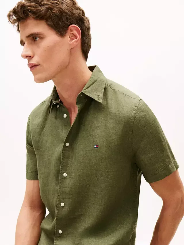 Льняная рубашка прямого кроя с логотипом Tommy Hilfiger, Olive Green — фото 4