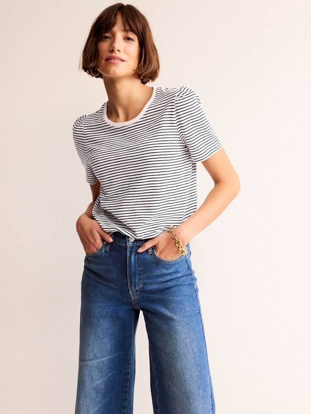 

Футболка с пышными рукавами вполоску Boden, цвет Ivory/Navy