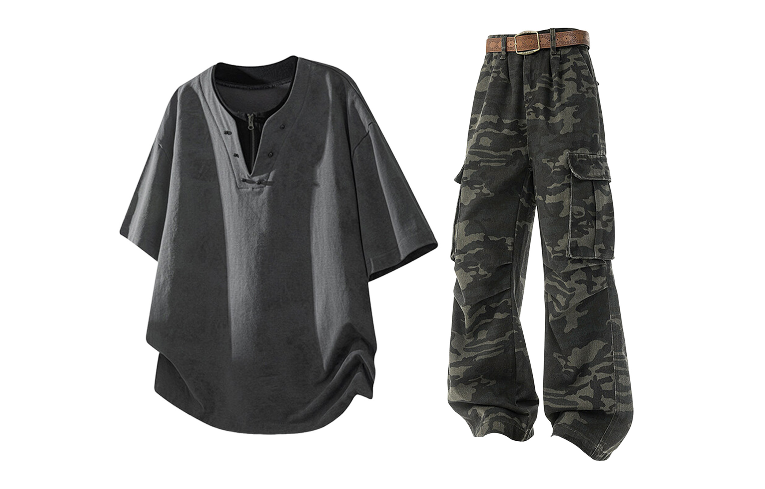 

Повседневная спортивная одежда Unisex V-образный вырез Moderate X1617, серый short-sleeved+camouflage pants