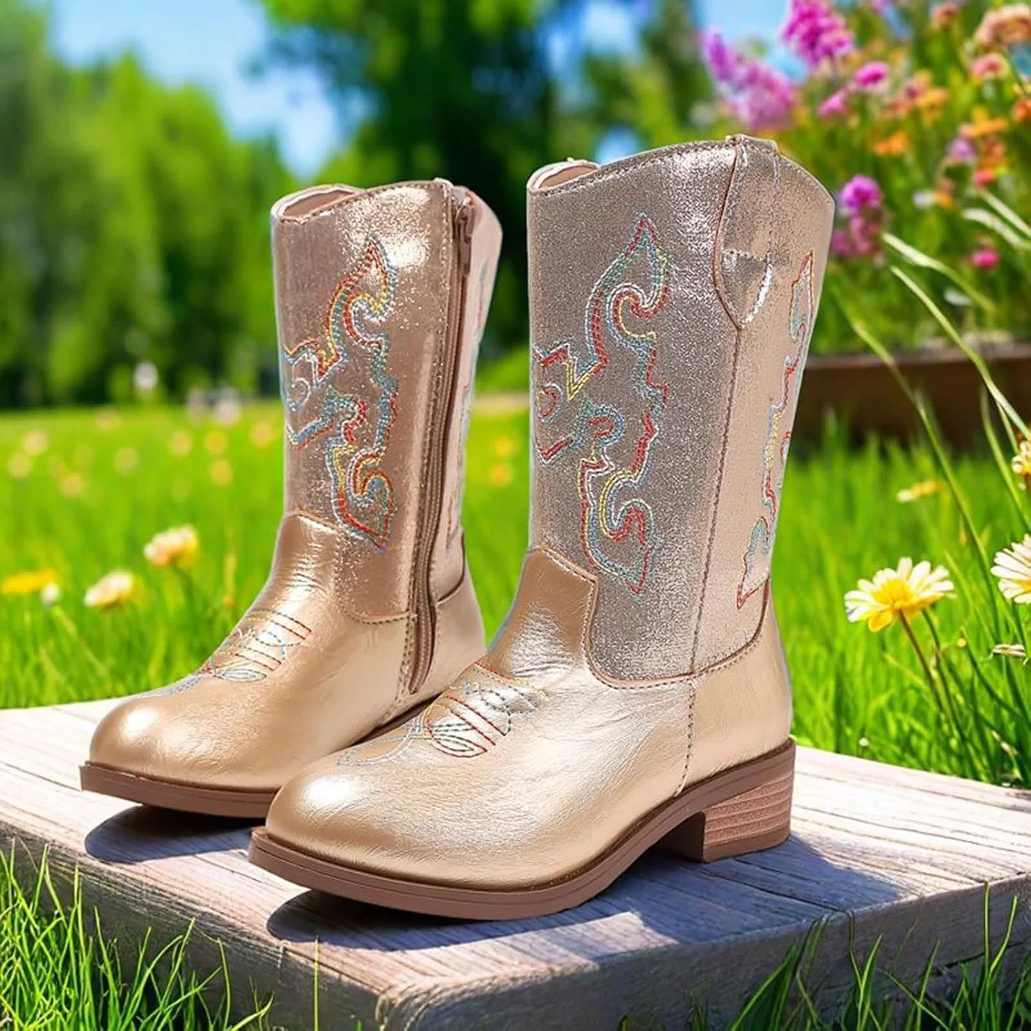 Детские сапоги для девочек с вышивкой ковбойские с боковой молнией Cowgirl Western Boots, Gold — фото 2