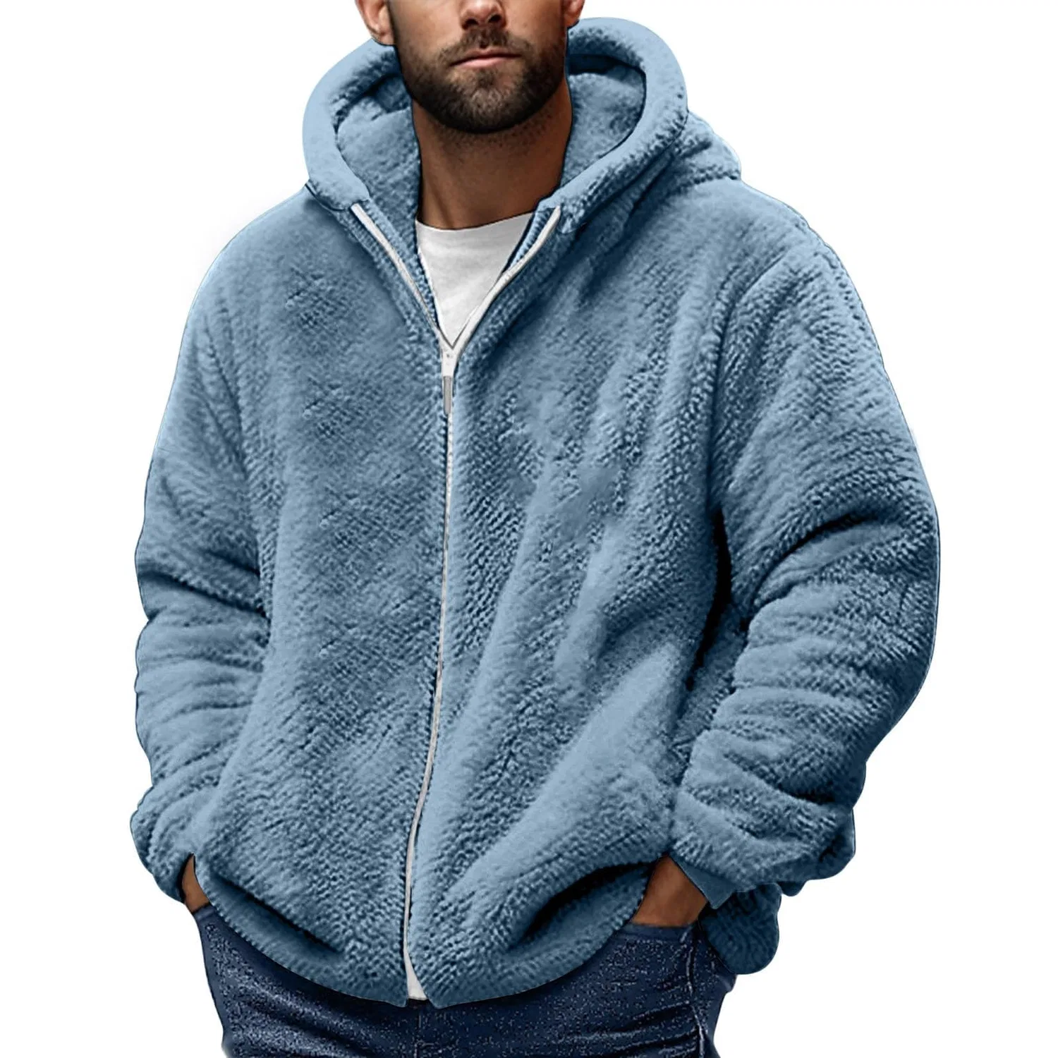 Мужское худи с флисовой подкладкой и капюшоном, на молнии, однотонное, Z11 Blue