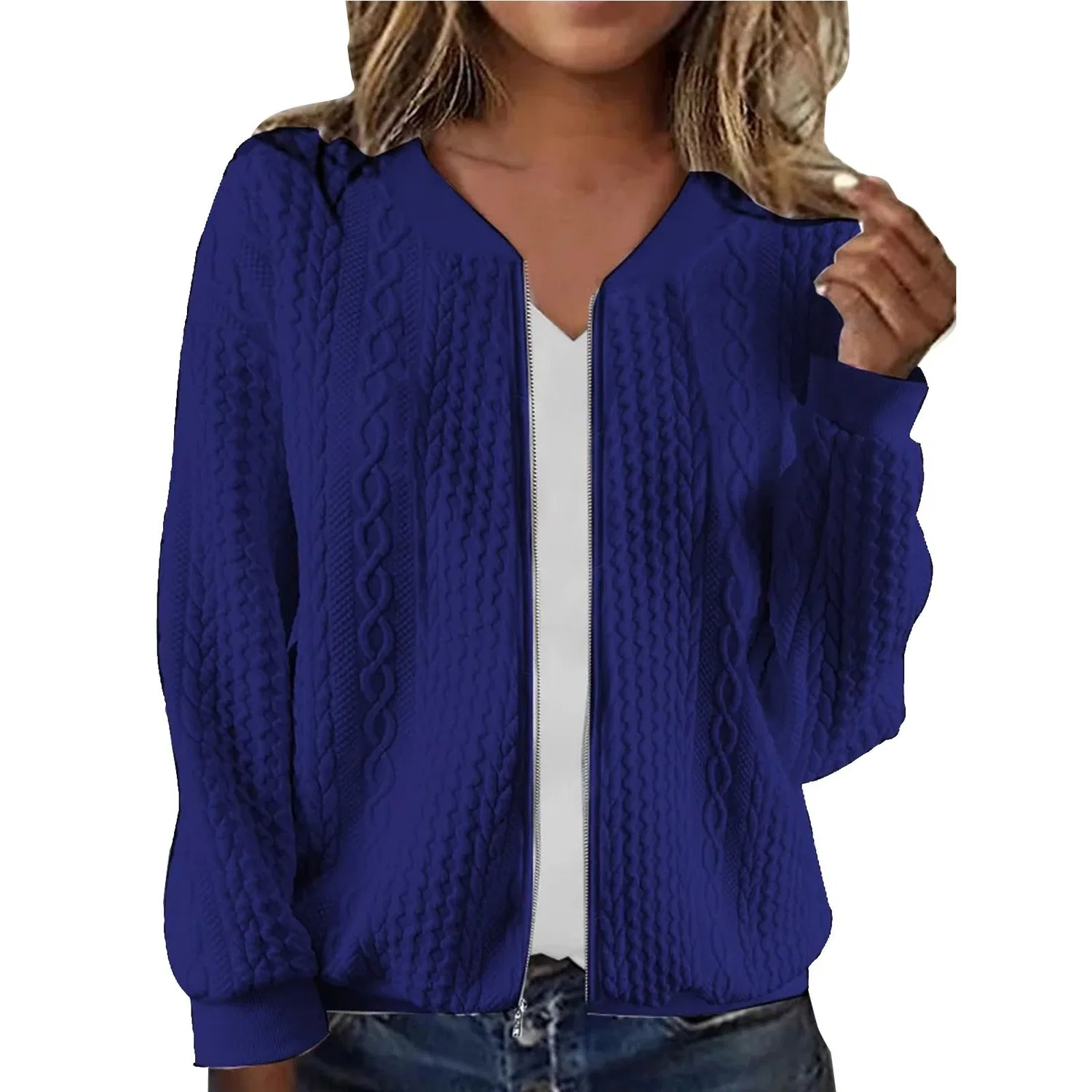 Женская куртка-джинсовка с воротником-стойкой, модель Crew Neck Plain Texture Casual Zip Up Short Jacket, Blu