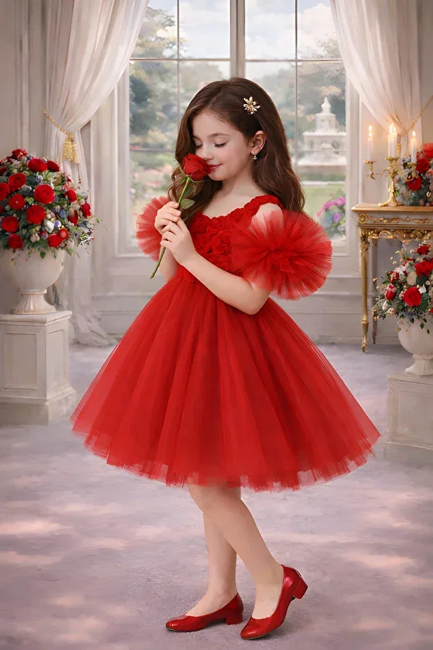 Детское платье для девочек с длинным рукавом Pompom sleeves rose patterned tulle party and birthday dress Rumi Kids, Red — фото 2