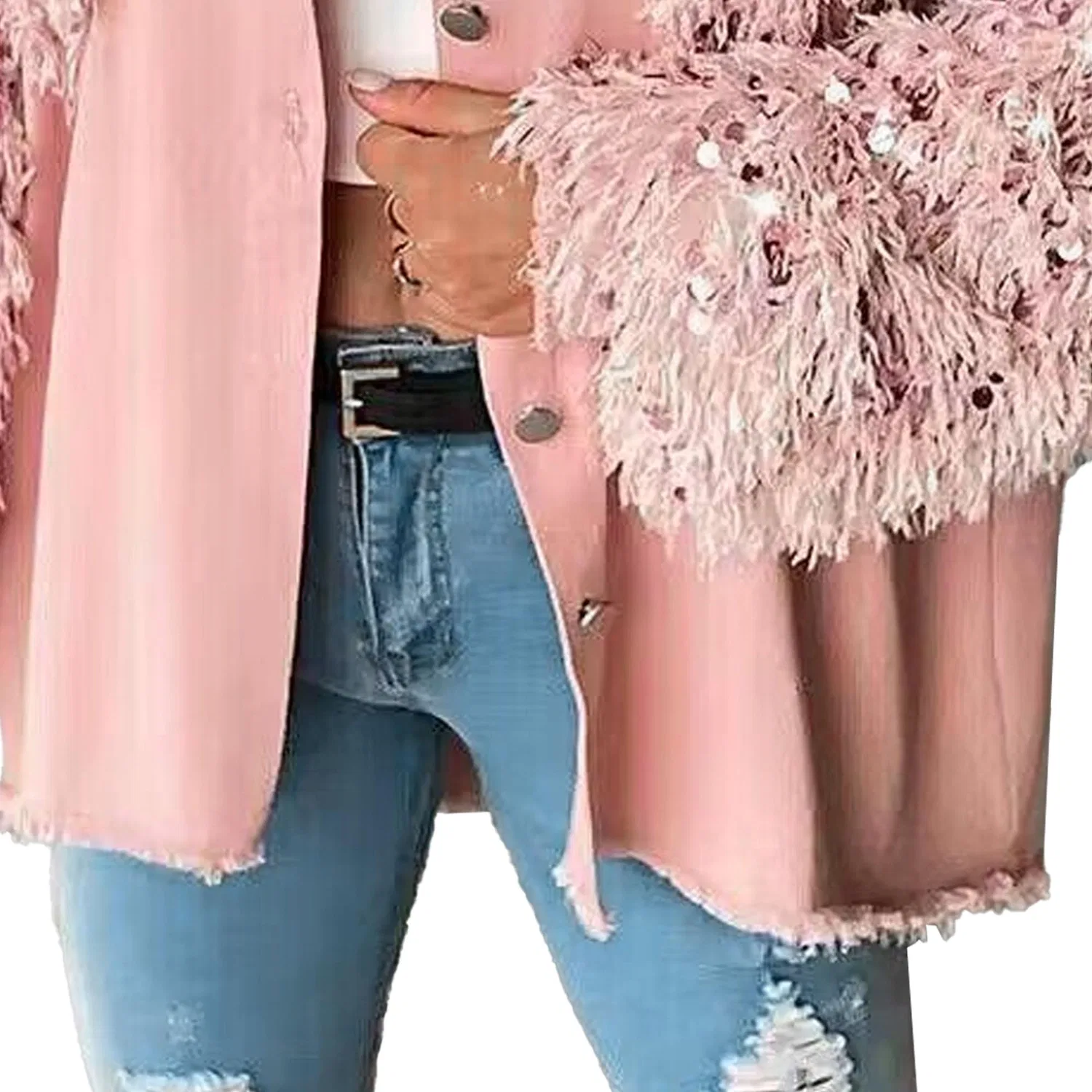 Женская куртка с пайетками и бахромой, длинным рукавом, модель Sequin Fringe Jacket, pink — фото 4
