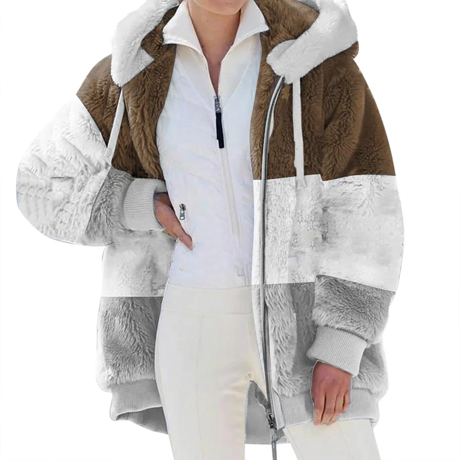 Женское флисовое пальто с капюшоном и карманами Color Block Teddy Fleece, Cachi