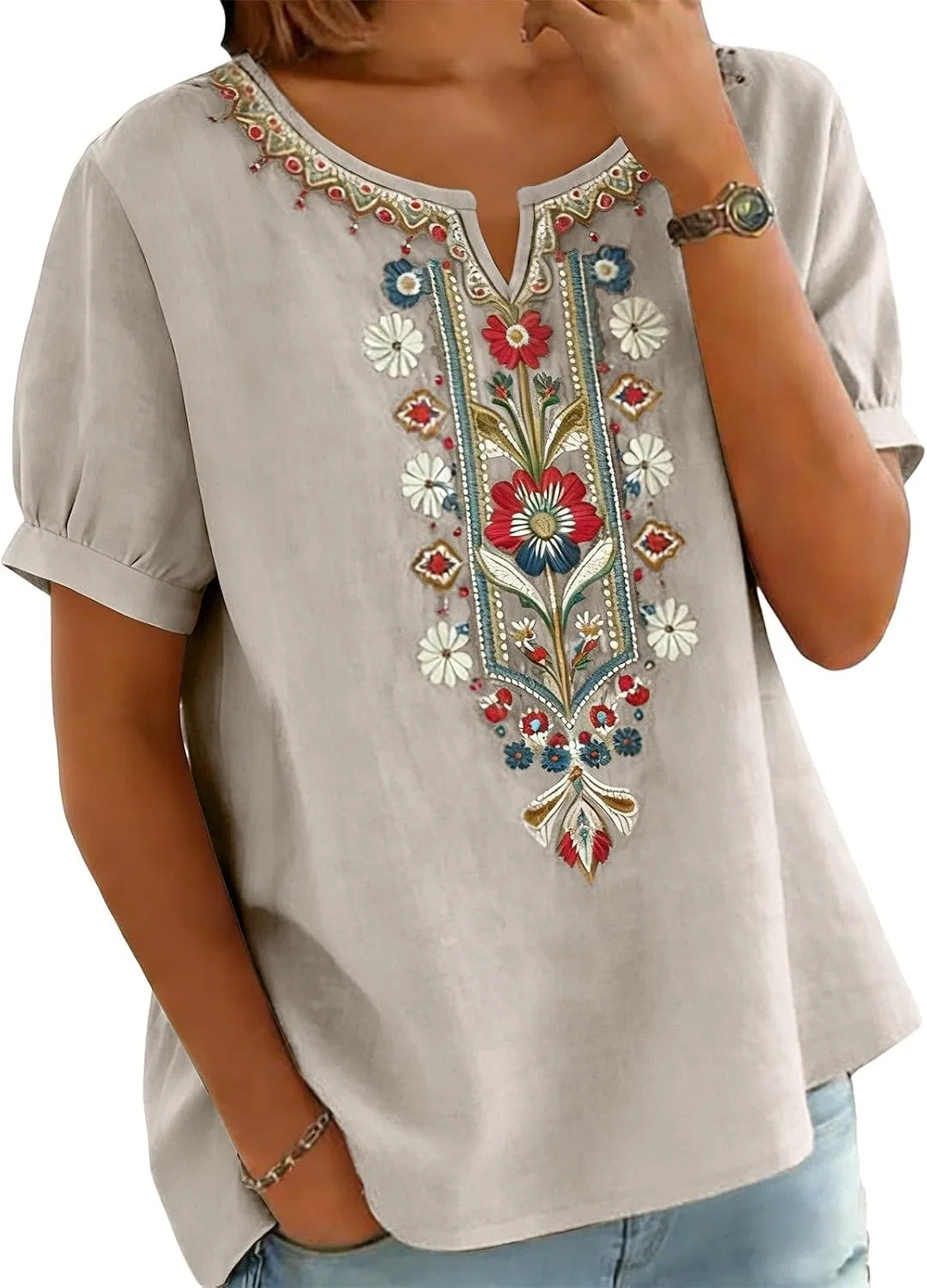 Женская туника с вышивкой Cotton Linen Gauze Simple Summer Tunic Blouses, бежевый — фото 2