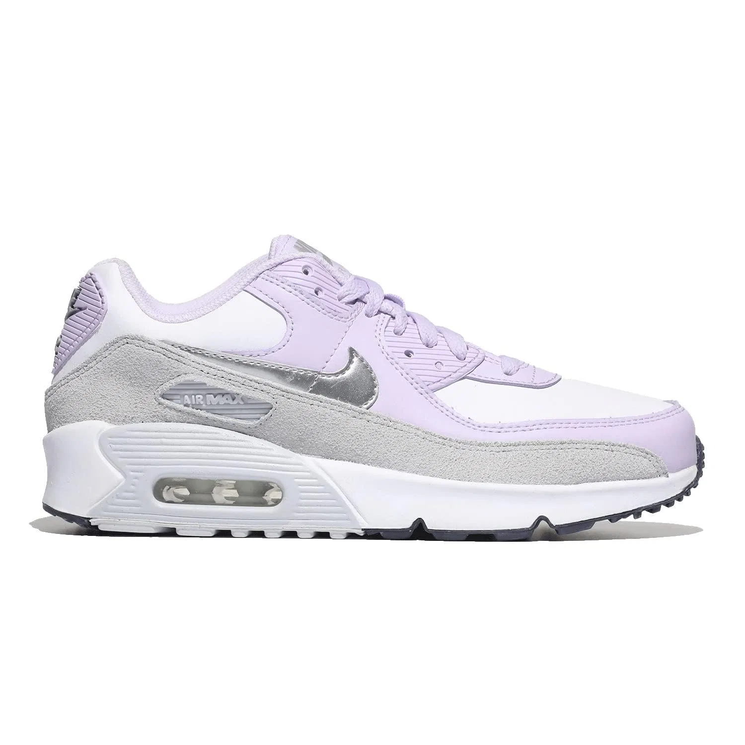 Детские кроссовки для девочек с амортизацией Air Max 90 NIKE, White Silver Metallic Purple Frost — фото 4