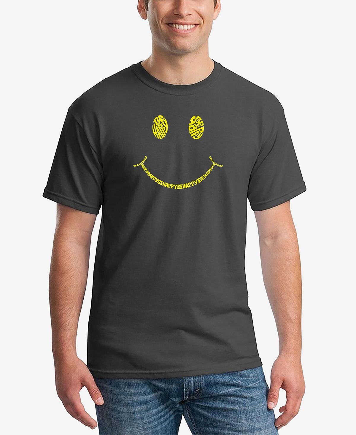 

Мужская футболка с коротким рукавом be happy smiley face word art LA Pop Art, темно-серый