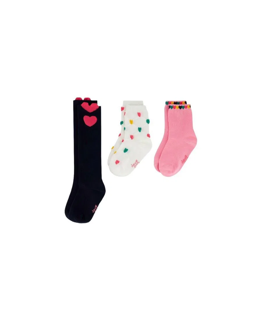 Комплект носков из 3 пар с сердечками, модель Little and Big Girl Deux par Deux, Dark Blue Pink And Beige