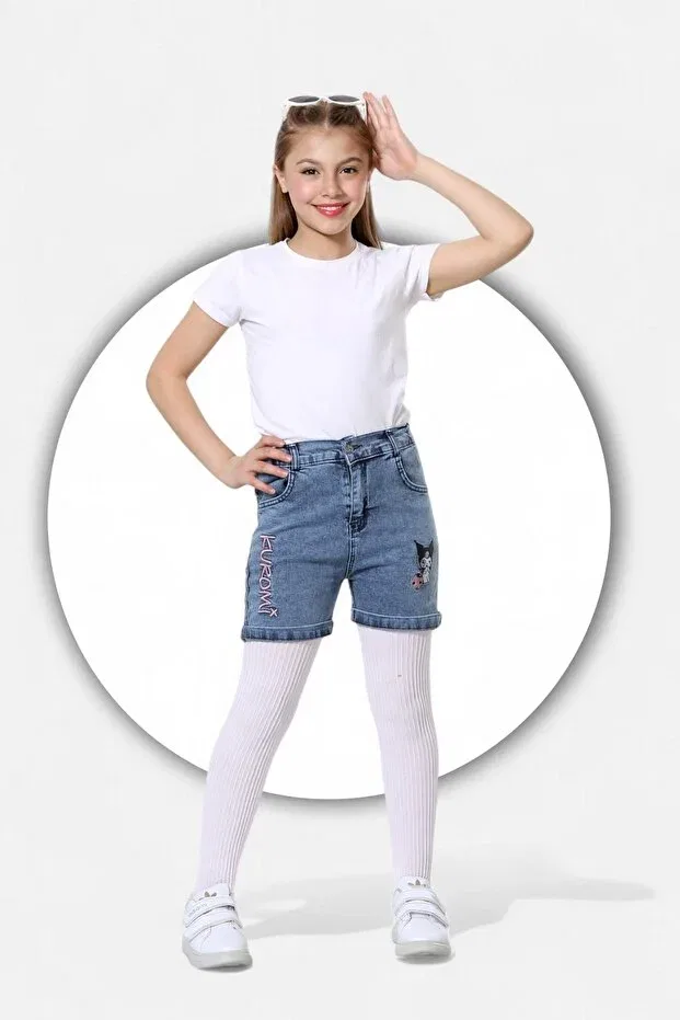Детские шорты для девочек с вышивкой Kuromi Embroidered-Cotton-Snow Washed-Half Elastic-Shorts For Girls Modiclas, Blue — фото 2