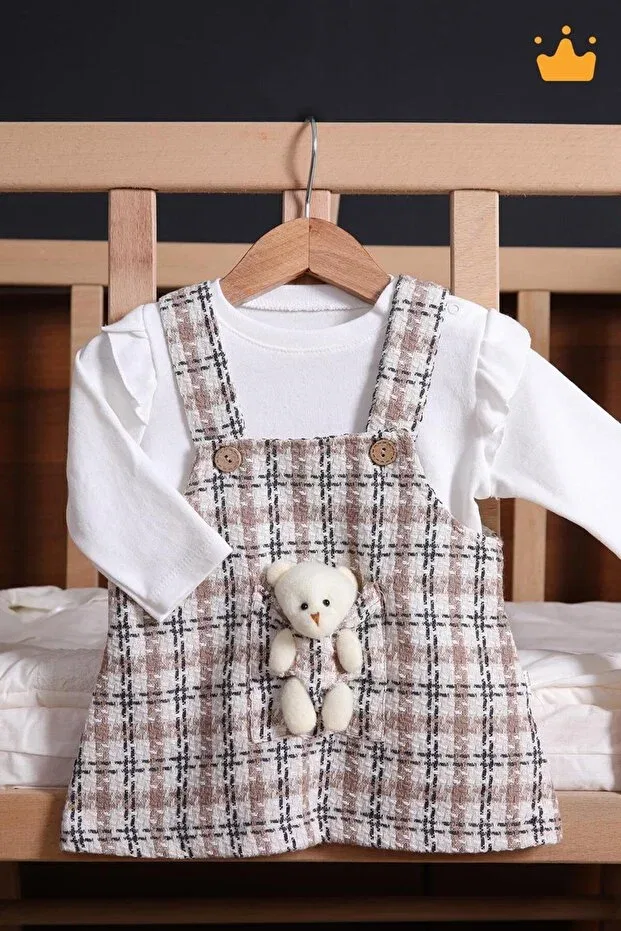 Детское платье для девочек твидовое комплект с игрушками Stylish Holiday Bear Playmate Babyhola, Brown — фото 2