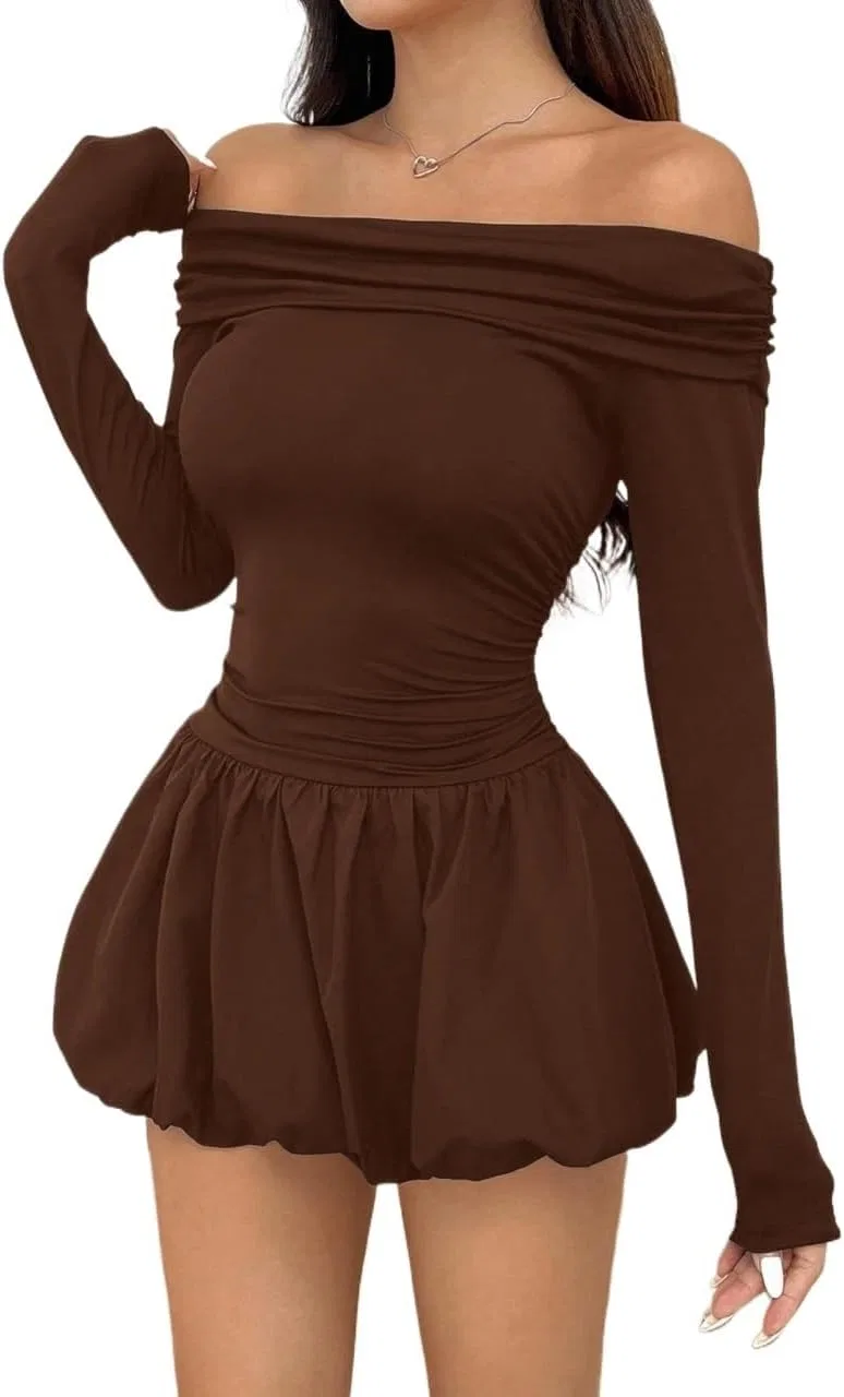 Женское A-line мини-платье с воланами Off Shoulder, Coffee Brown