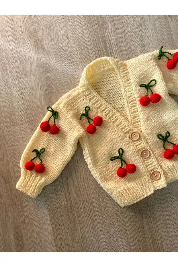 Детский кардиган для девочек хлопковый Hand knitted cherry baby cardigan Hobihanem Tuhafiye, Cherry Cream