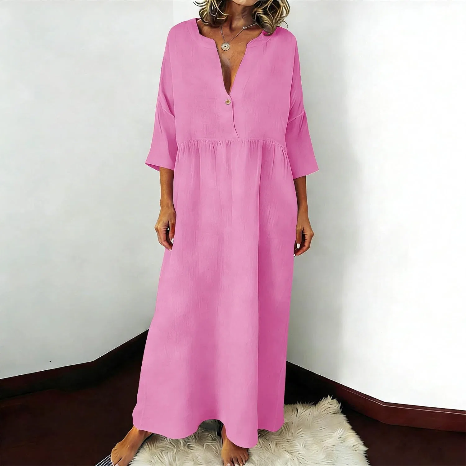 Женское летнее макси-платье с V-образным вырезом и пуговицами Cotton Linen, Pink — фото 2