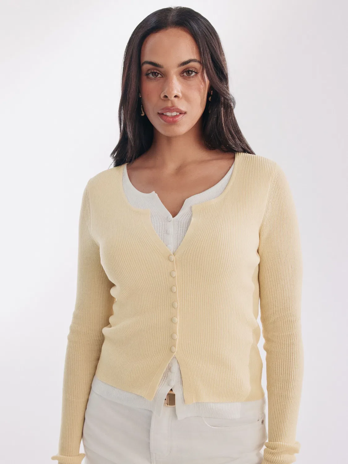 Кардиган с многослойным дизайном Ribbed Layer Button Up V-Neck Next, масляно-желтый/экрю