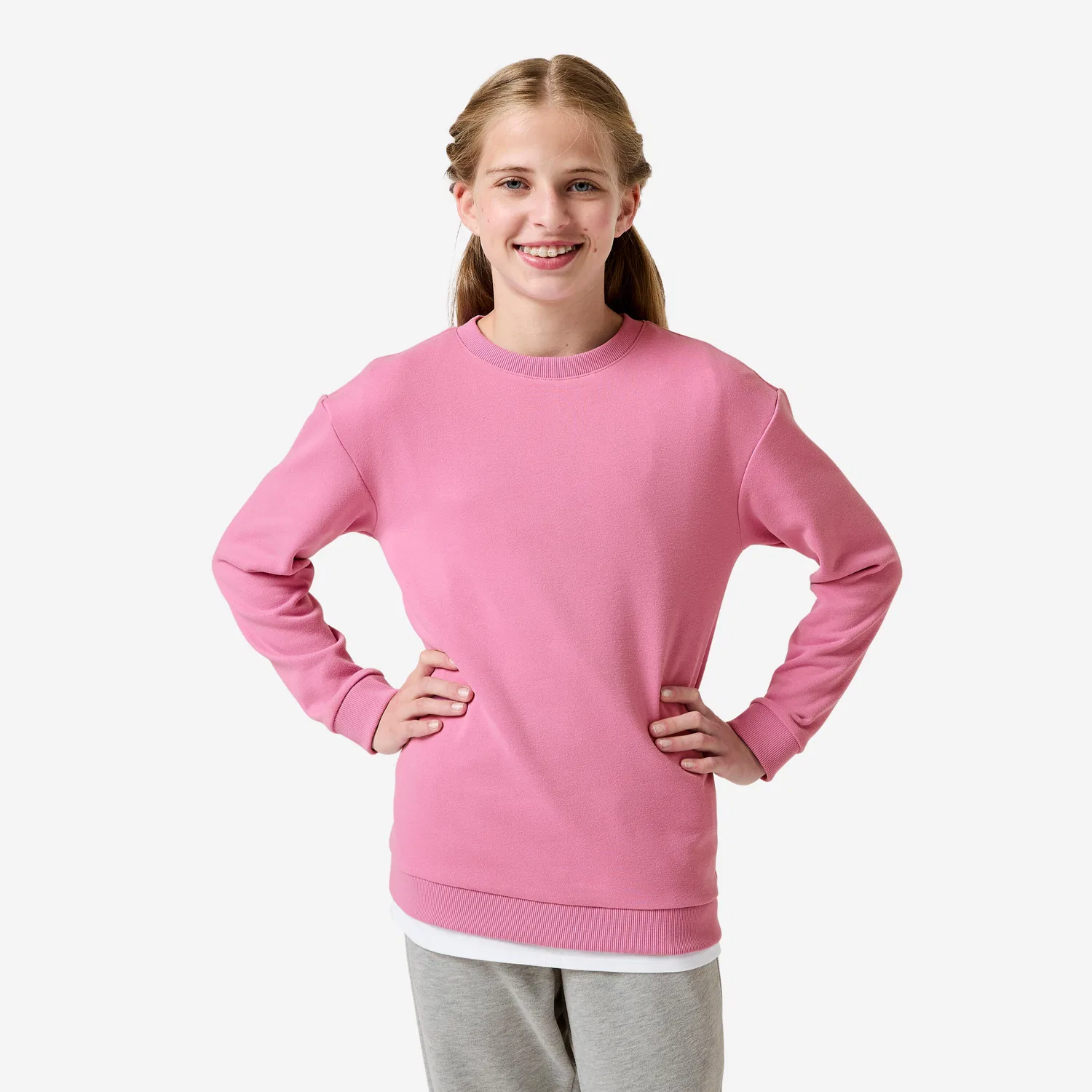 Детский спортивный костюм из футера для девочек Trainingsanzug Madchen French Terry atmungsaktiv, Decathlon, Magnolienpink Silbergrau — фото 2