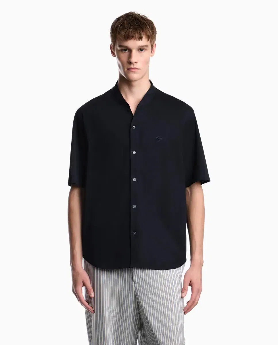 Мужская рубашка с коротким рукавом и воротником-стойкой Emporio Armani, Azul Marino