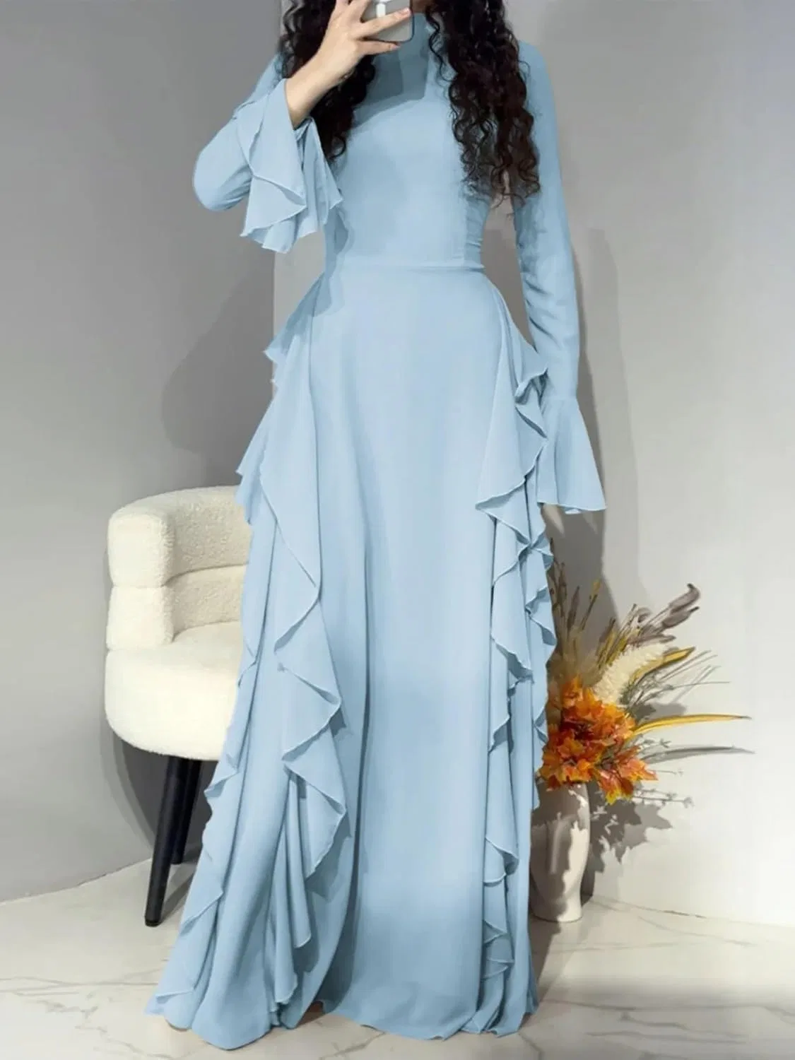 Женское коктейльное платье с рюшами, облегающее, Light Blue — фото 2