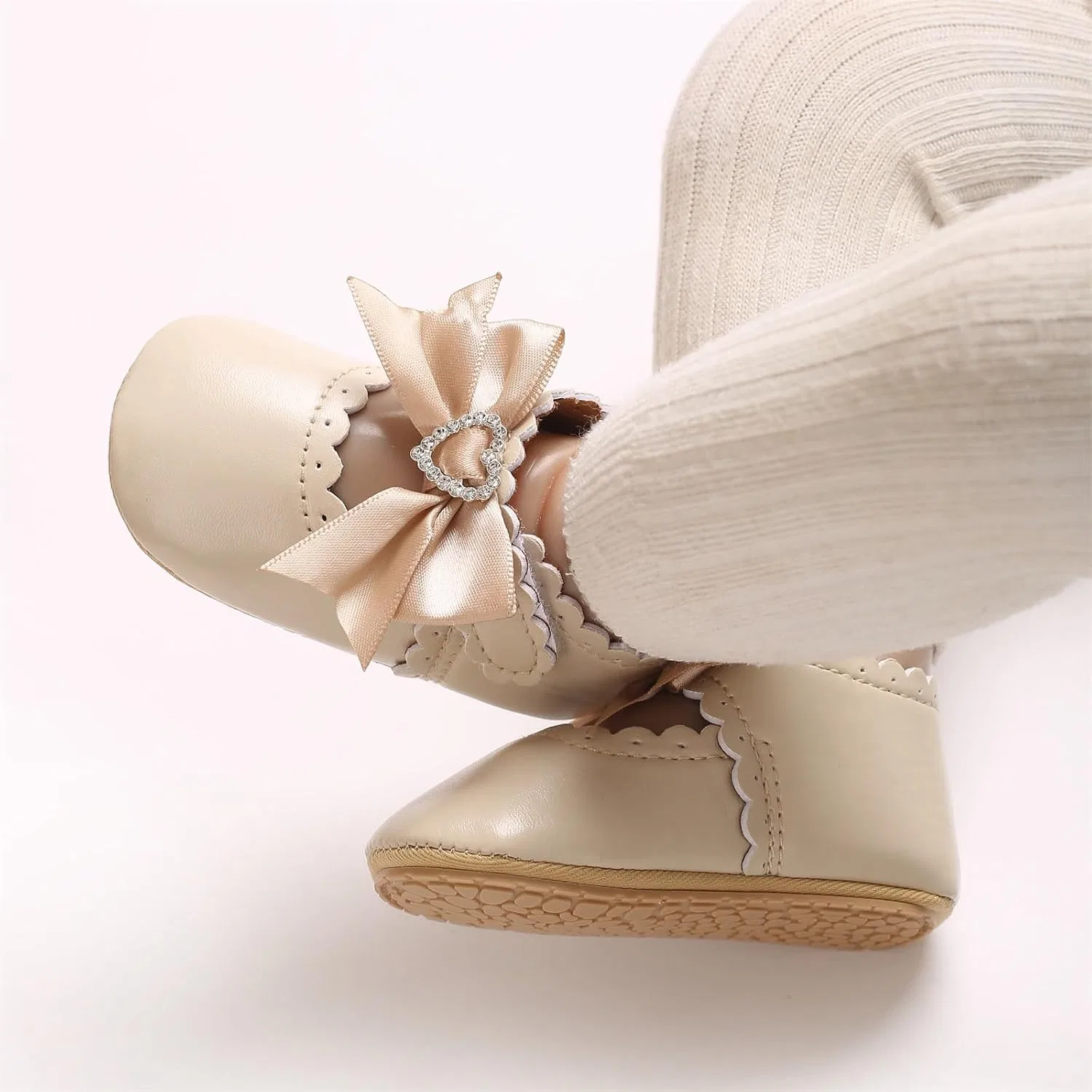 Детские туфли Мэри Джейн для девочек с принтом Rhinestone Heart Bow WaiHeikki, Khaki — фото 2