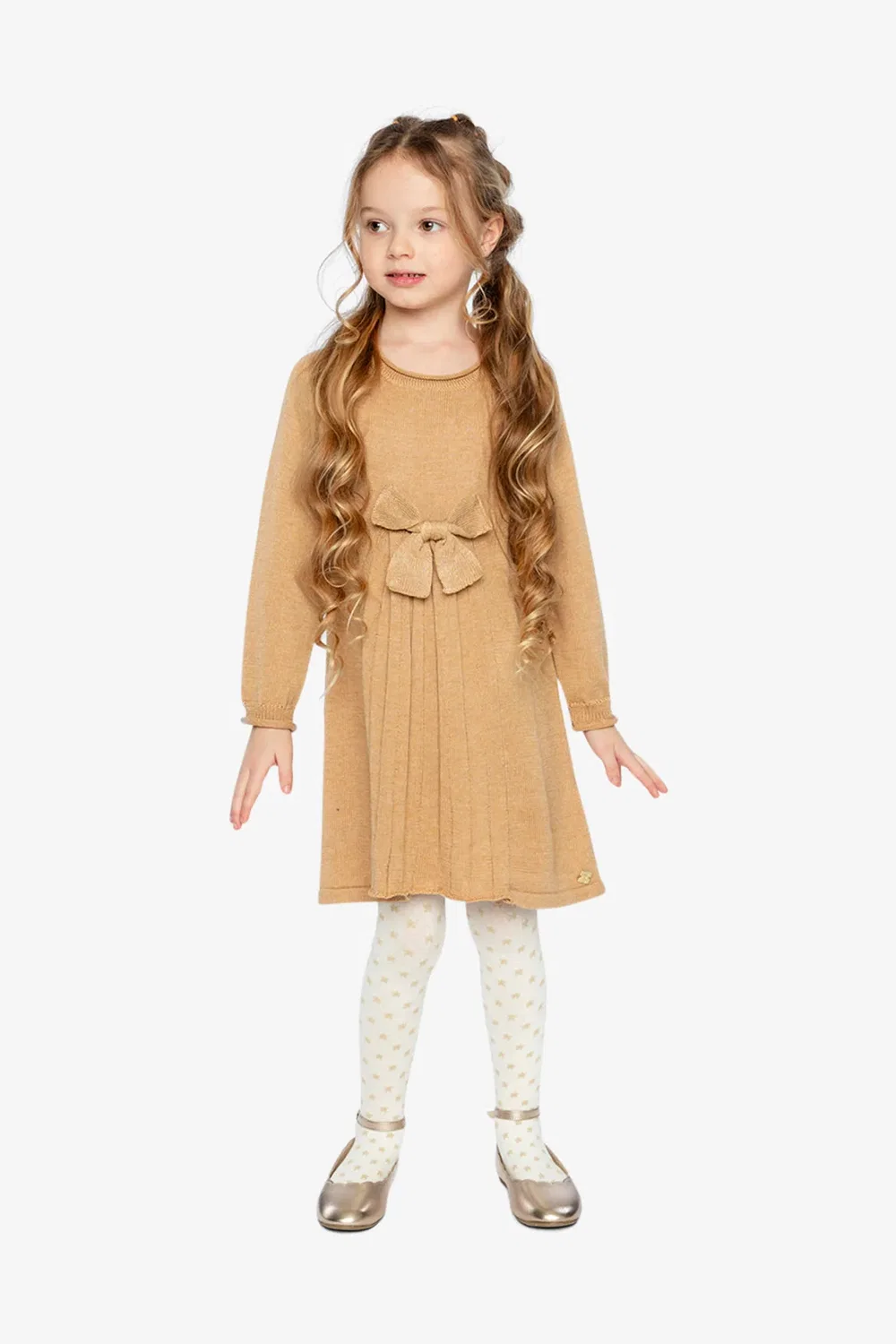 Детское платье-трапеция вязаное с бантом Knitted Dress Deux par Deux, Brown Cinnamon