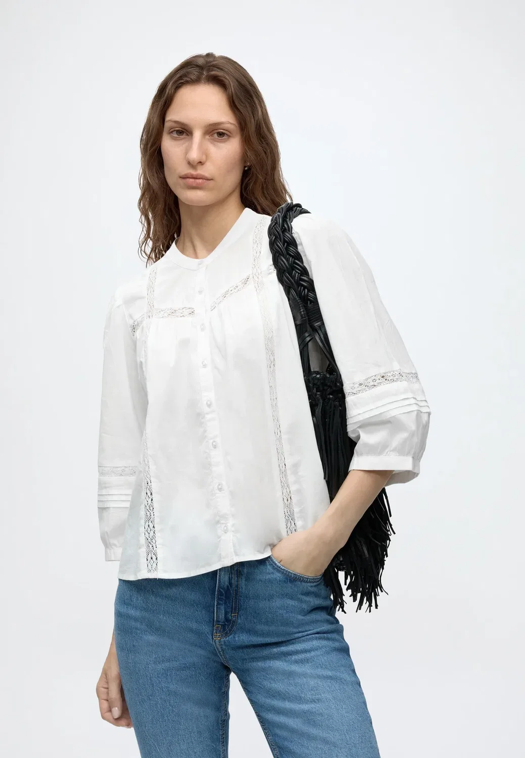 Женский кружевной топ с рукавами 3/4 - блузка Gap, New Off White — фото 4