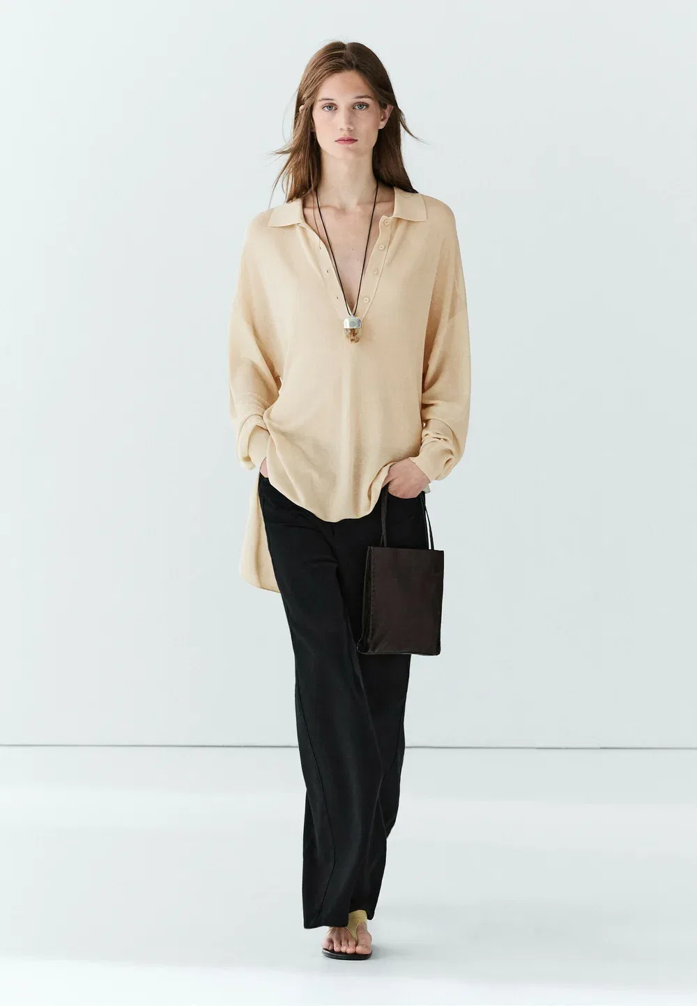 Поло-Свитер из смеси хлопка и шелка - рубашка поло Massimo Dutti, Beige — фото 2