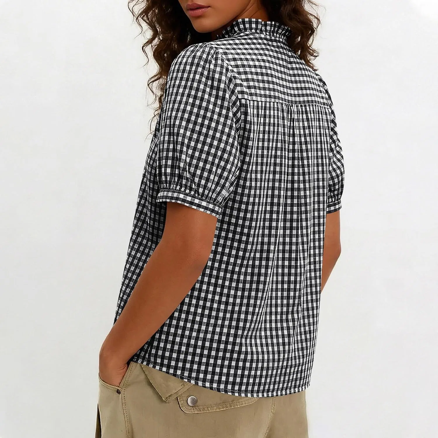 Женская блузка с воротником-стойкой, с рюшами, Gingham, чёрный — фото 3