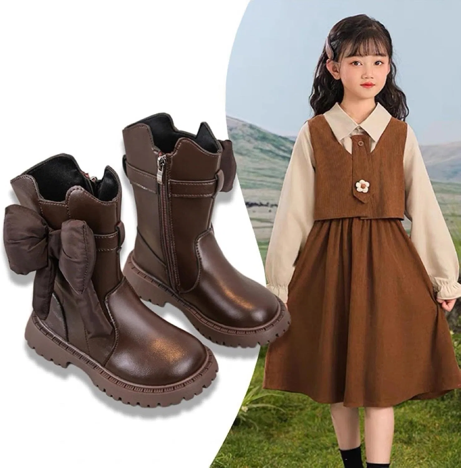 Детские ботинки для девочек с бантом и молнией сбоку, модель Bow Shoes, Brown — фото 2
