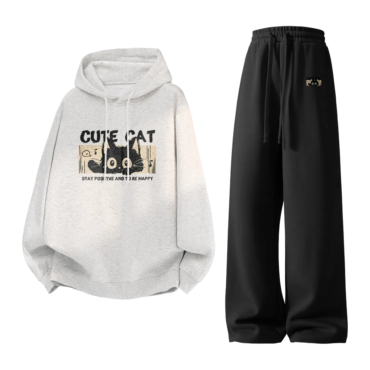 Детский комплект из худи и штанов с принтом Tonlion, Цвет White Heather Gray+Black