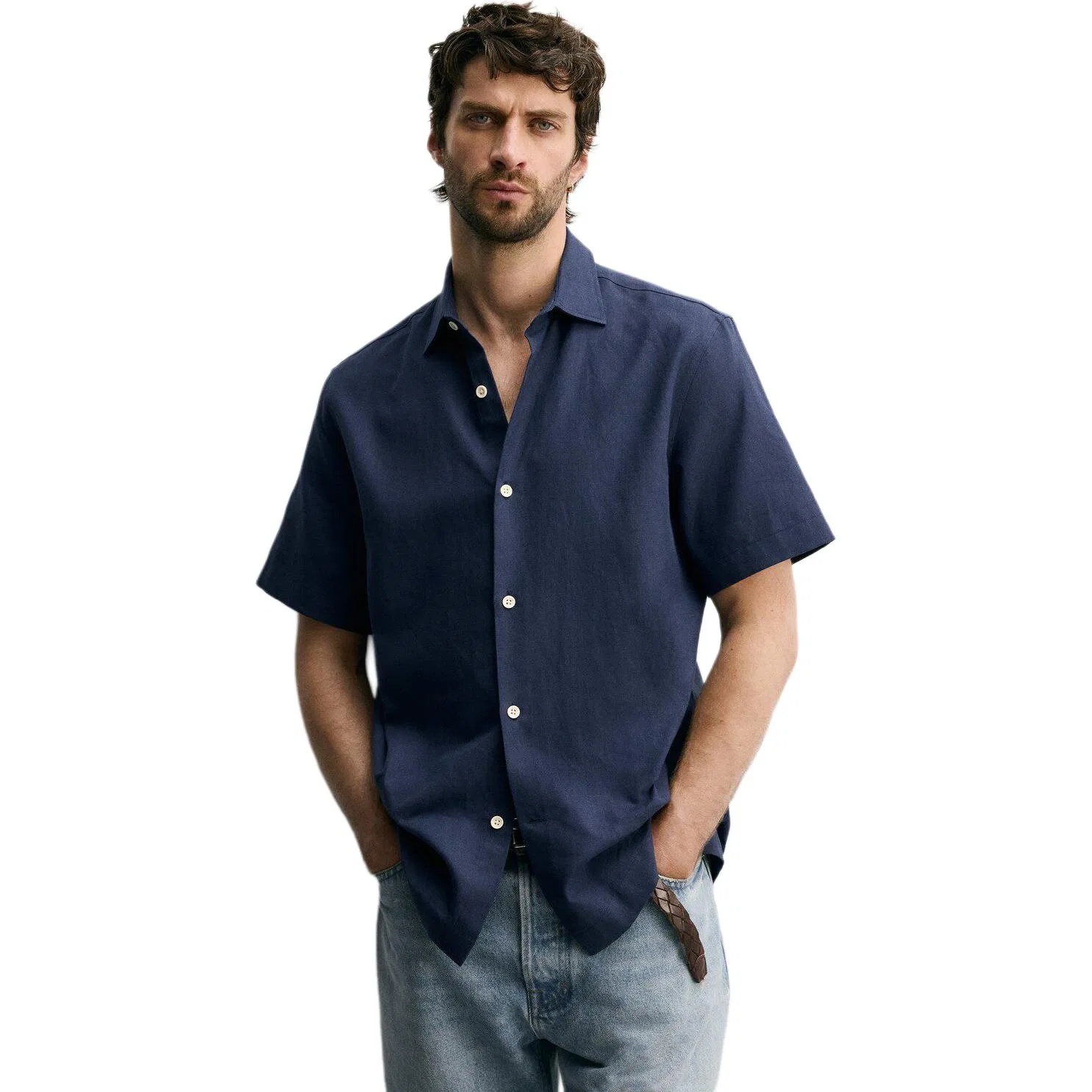 Мужская рубашка с лацканами прямого кроя Sea Blue ZARA, Sea Blue — фото 3