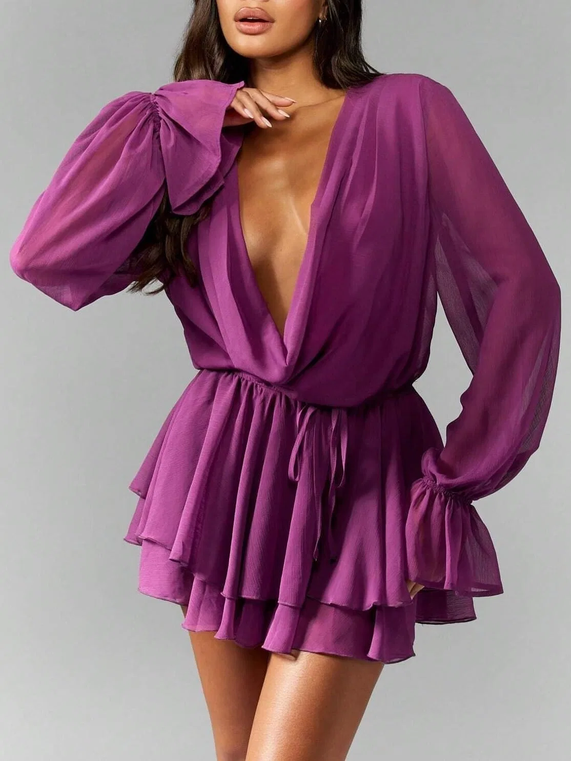 Женское мини-платье-рубашка с воланами из шифона, Purple — фото 2
