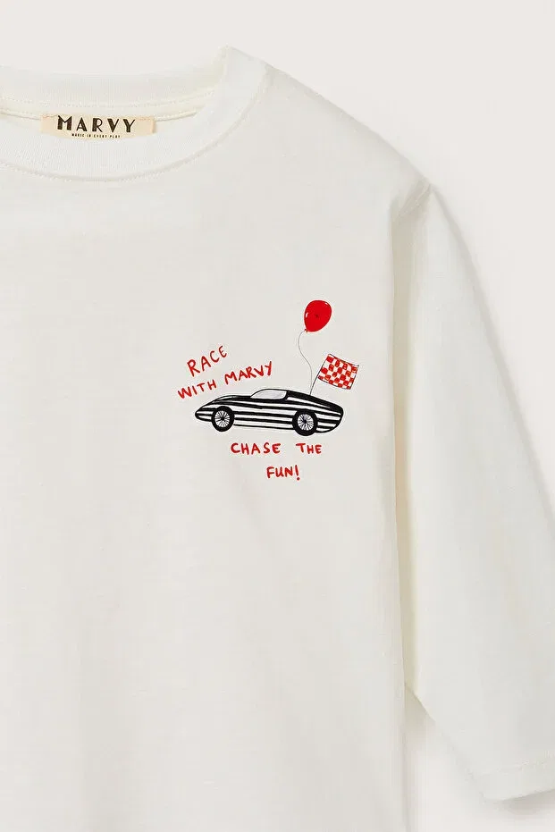 Детская футболка с принтом Racing Car Long Sleeve Tshirt Marvy, Ecru — фото 3