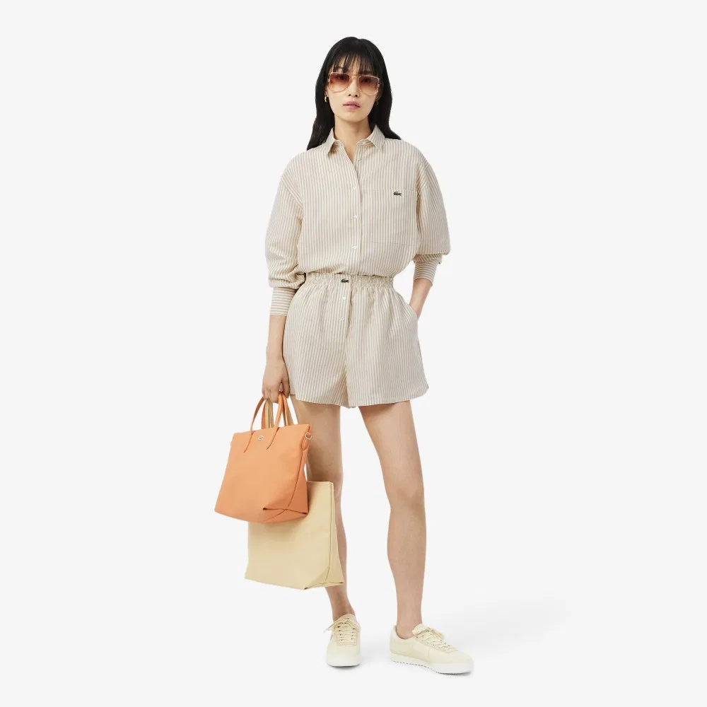 Рубашка Lacoste Полосатая из льна и хлопка, Розовая — фото 4