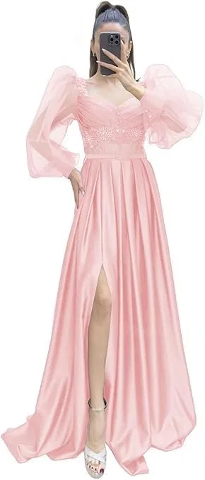 Женское атласное платье с одним рукавом русалка с разрезом Prom, Pink