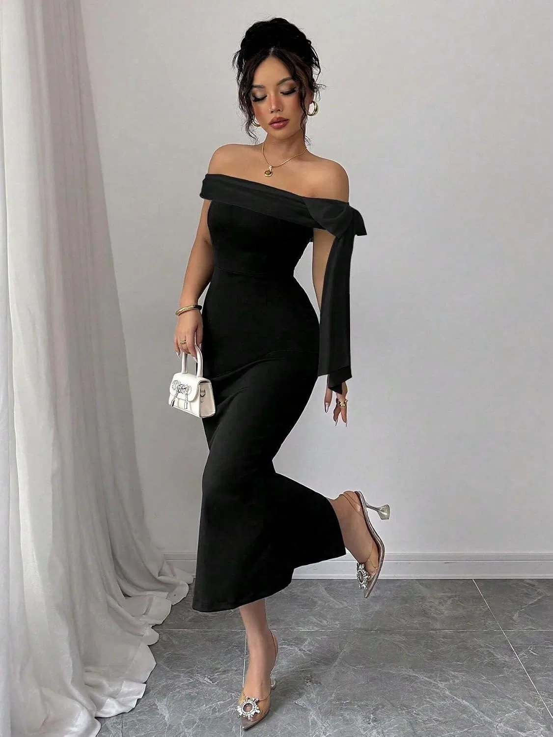 Женское облегающее платье миди с узлом Bodycon, Black — фото 4