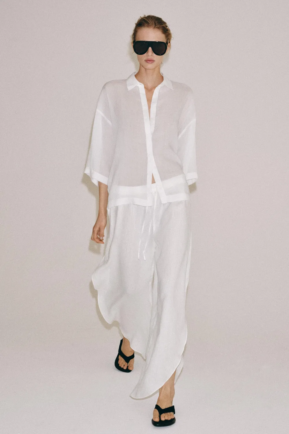 Брюки из 100% льна с разрезами, коллекция ZW ZARA, White