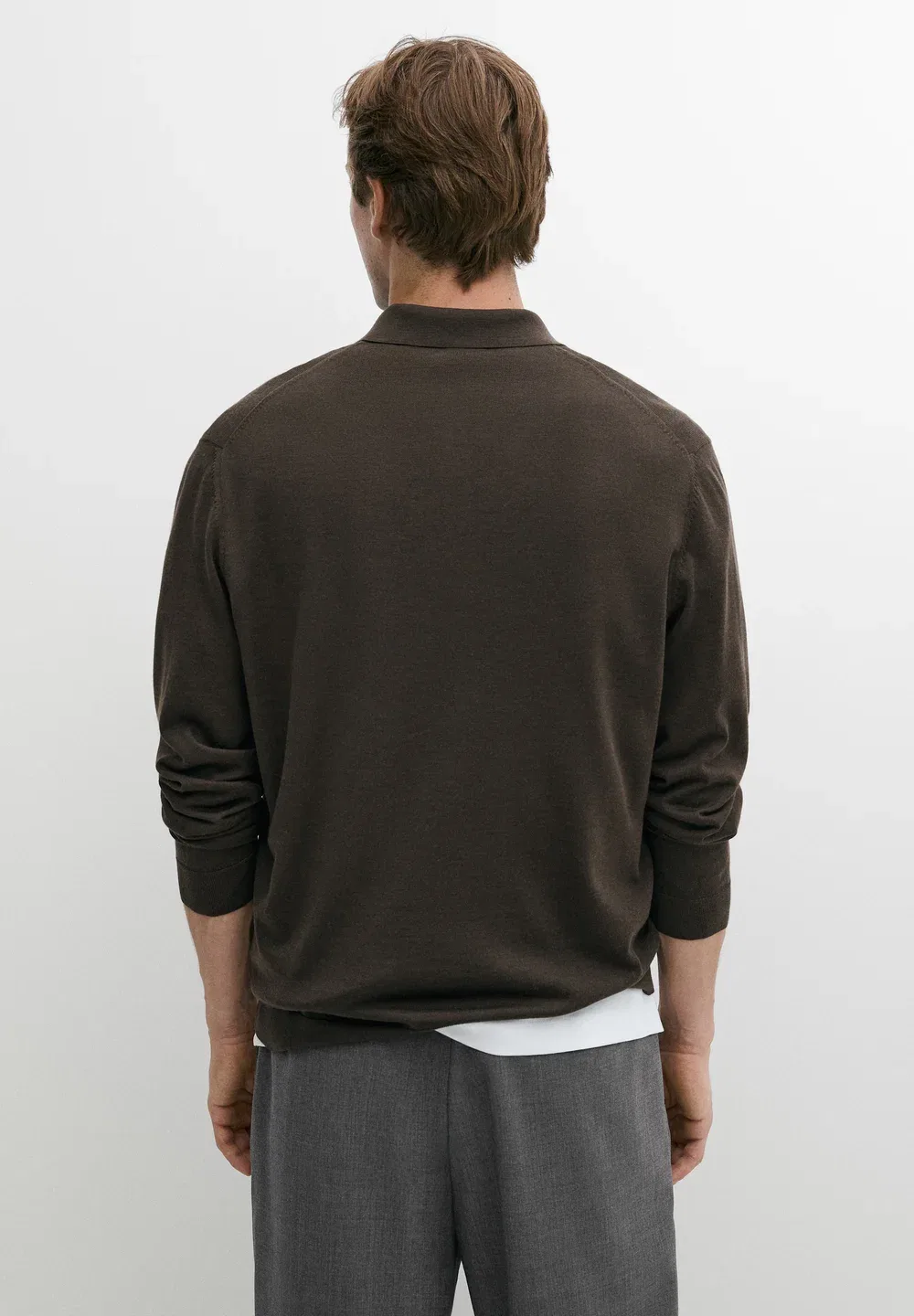Вязаный поло-свитер из 100% мериносовой шерсти - рубашка поло Massimo Dutti, Khaki — фото 3