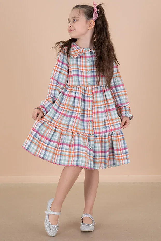 Детское платье для девочек с длинным рукавом Green Plaid Print Cansın Mini, Green