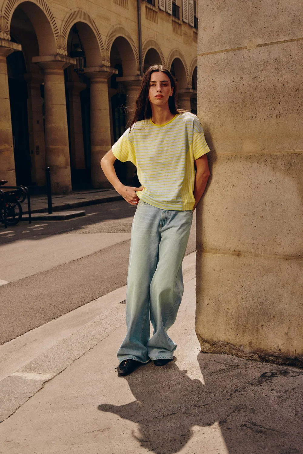 Футболка в полоску из хлопка и льна ZARA, washed green — фото 2