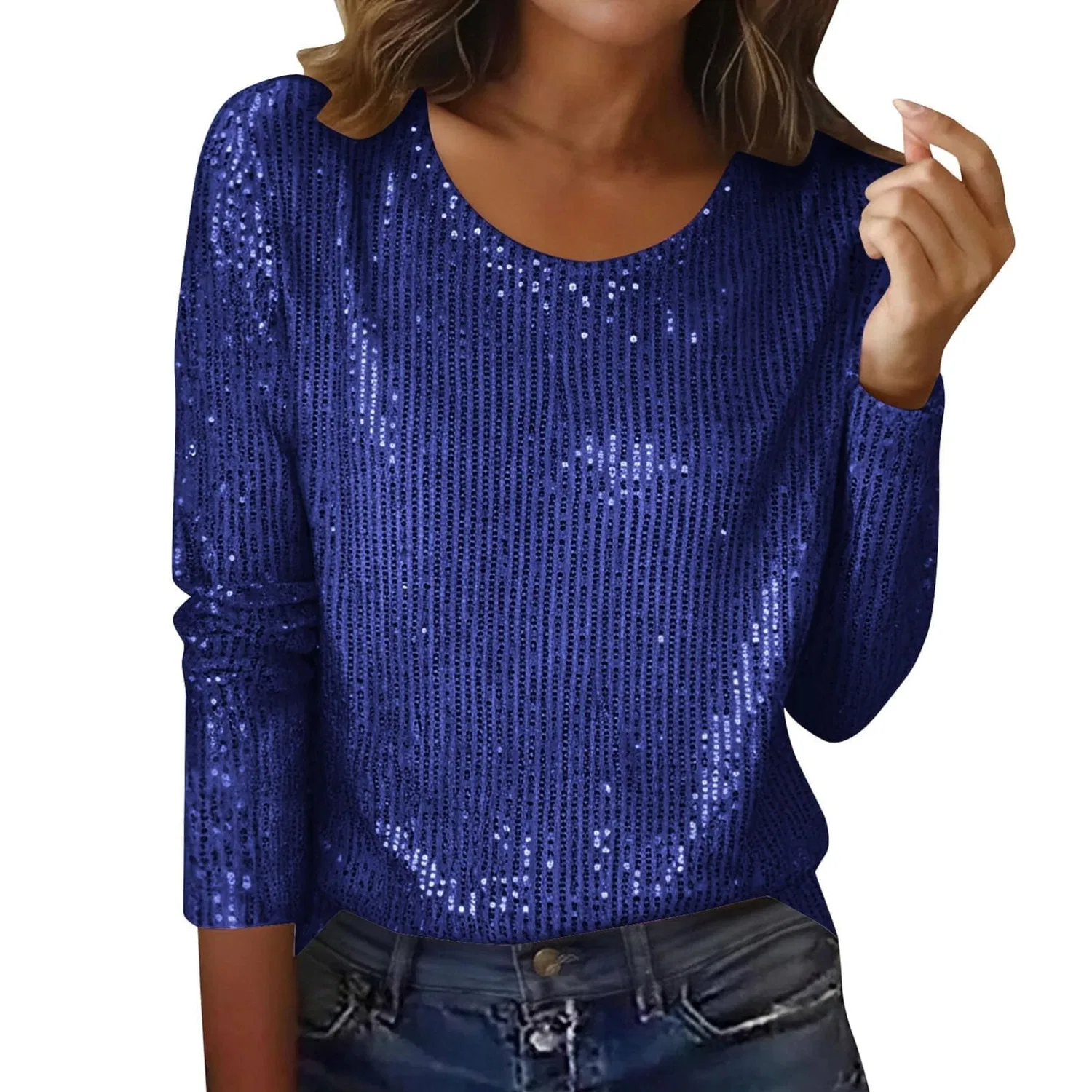 Женская блестящая блузка с длинным рукавом Sequin Tops, 1b-blue
