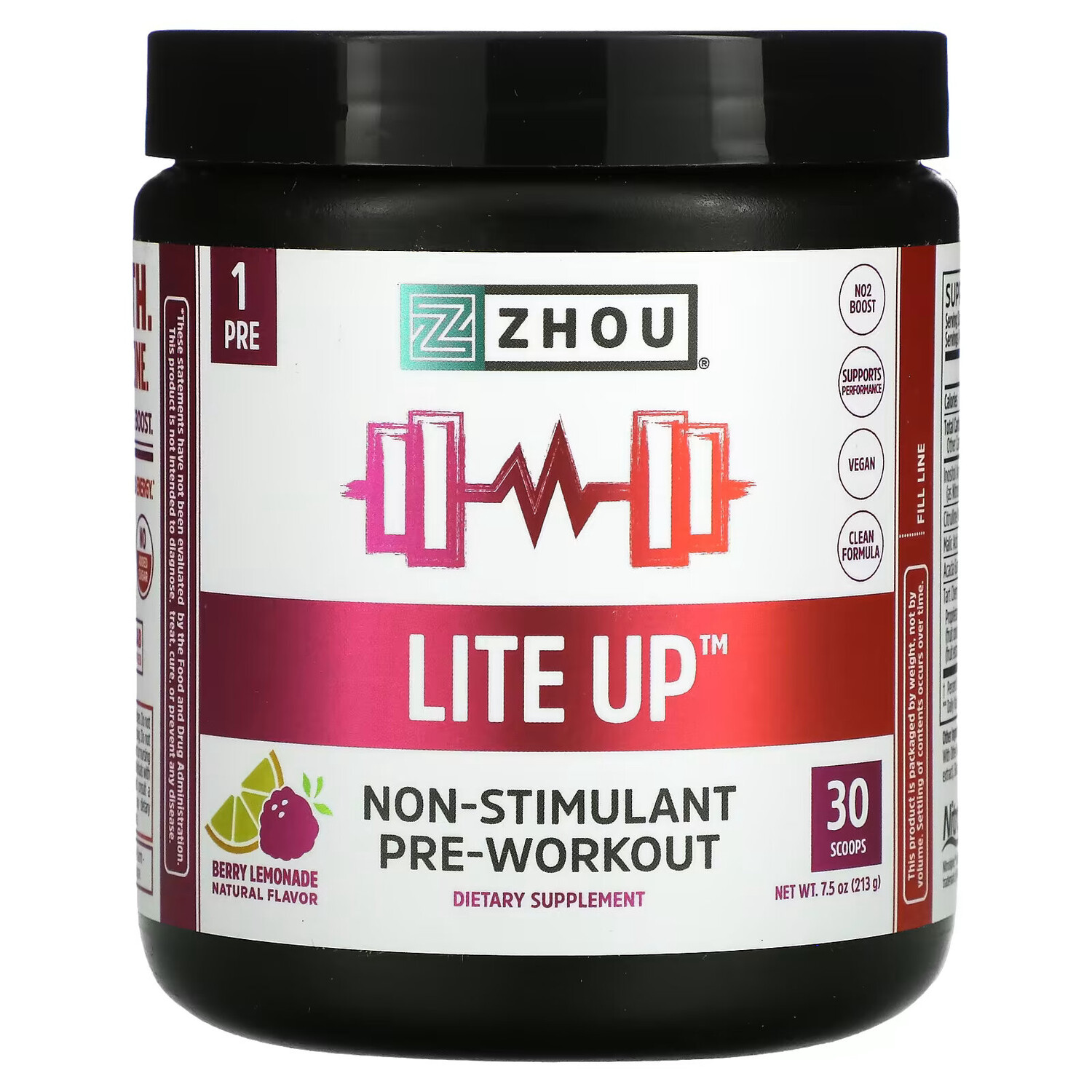 

Zhou Nutrition, Lite Up, предтренировочный комплекс без стимуляторов, ягодный лимонад, 213 г (7,5 унции)