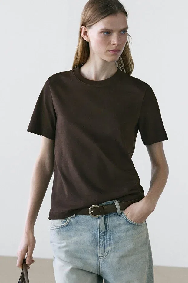 Женская футболка хлопковая с коротким рукавом Massimo Dutti, Brown — фото 3