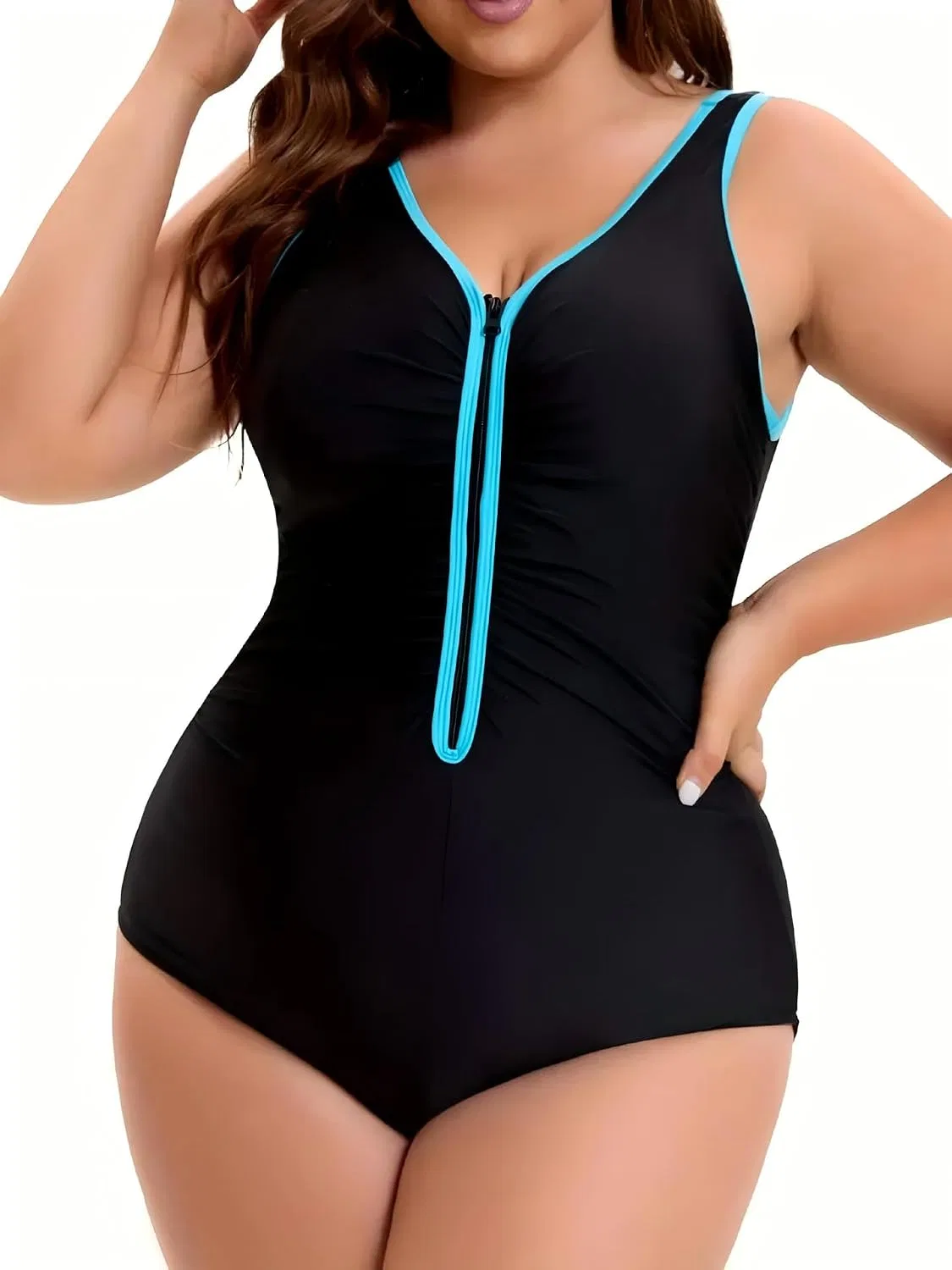 Женский слитный купальник с передней молнией и розовой окантовкой Plus Size Athletic Swimwear, Blue