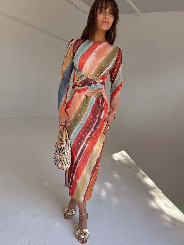 

Платье миди в полоску цвета заката с сетчатыми вставками Never Fully Dressed