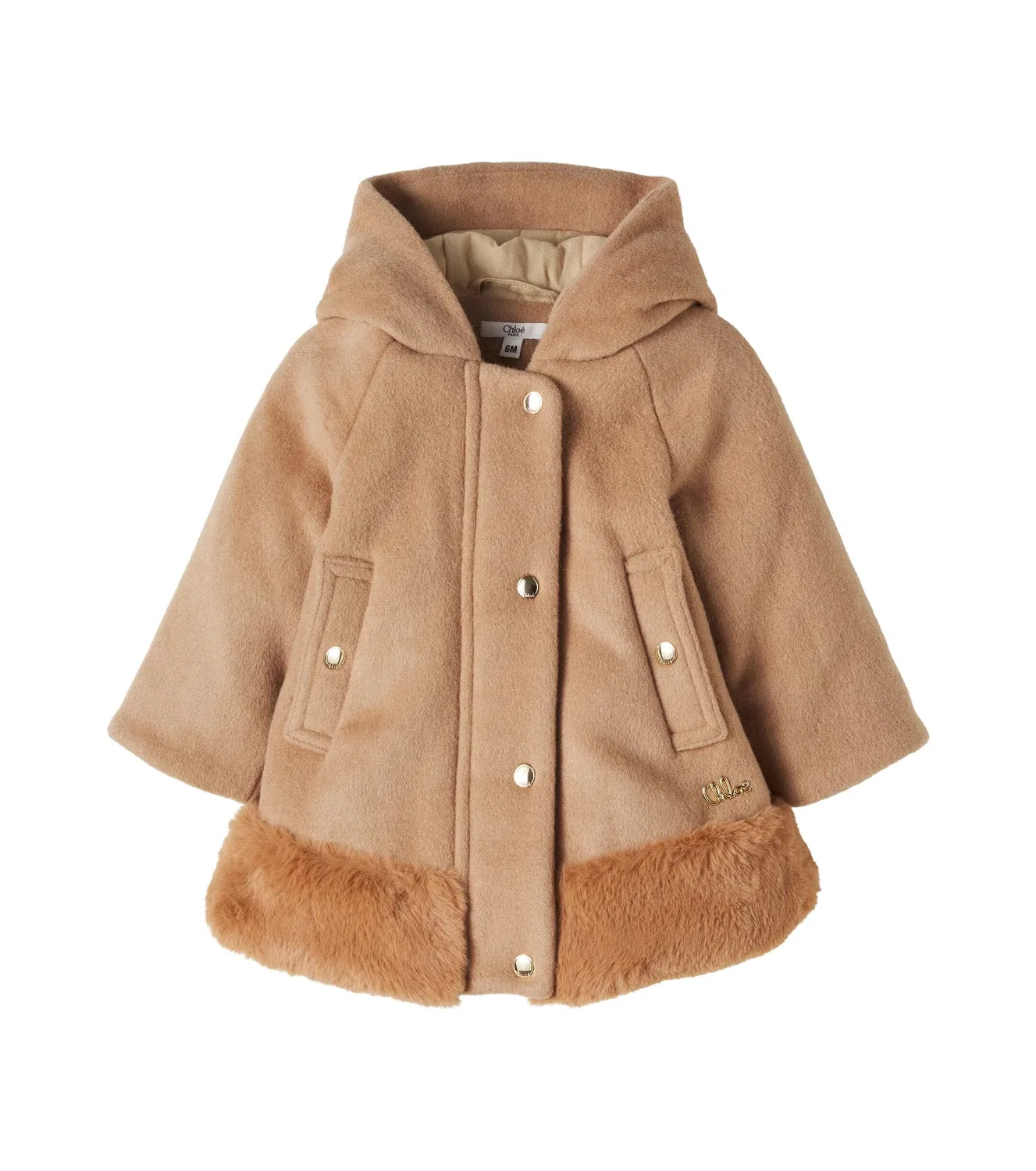 Детское пальто из шерстяной смеси с капюшоном Chloé Kids, бежевый