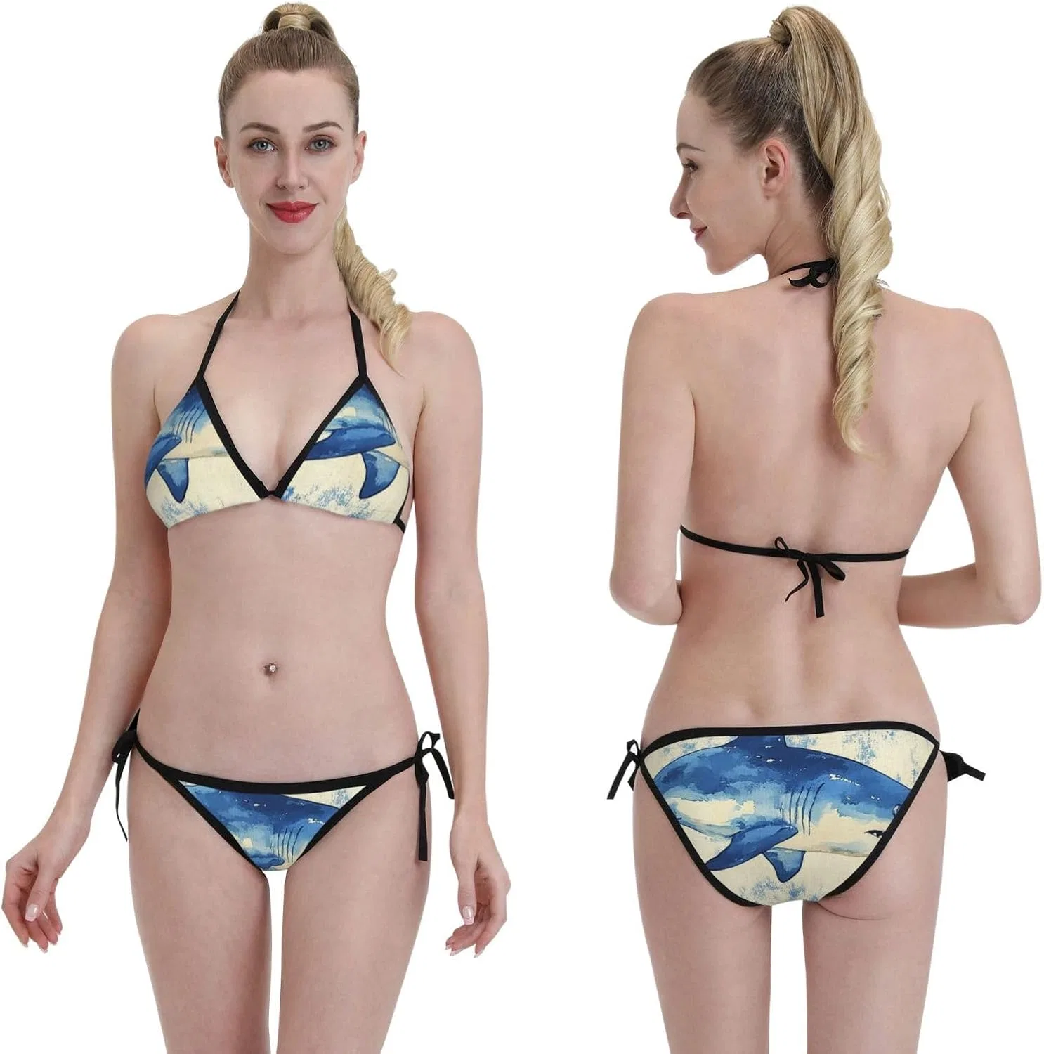 Женский бикини-сет с цветочным принтом Halter Triangle Tie Side, Watercolor Great White Shark — фото 4