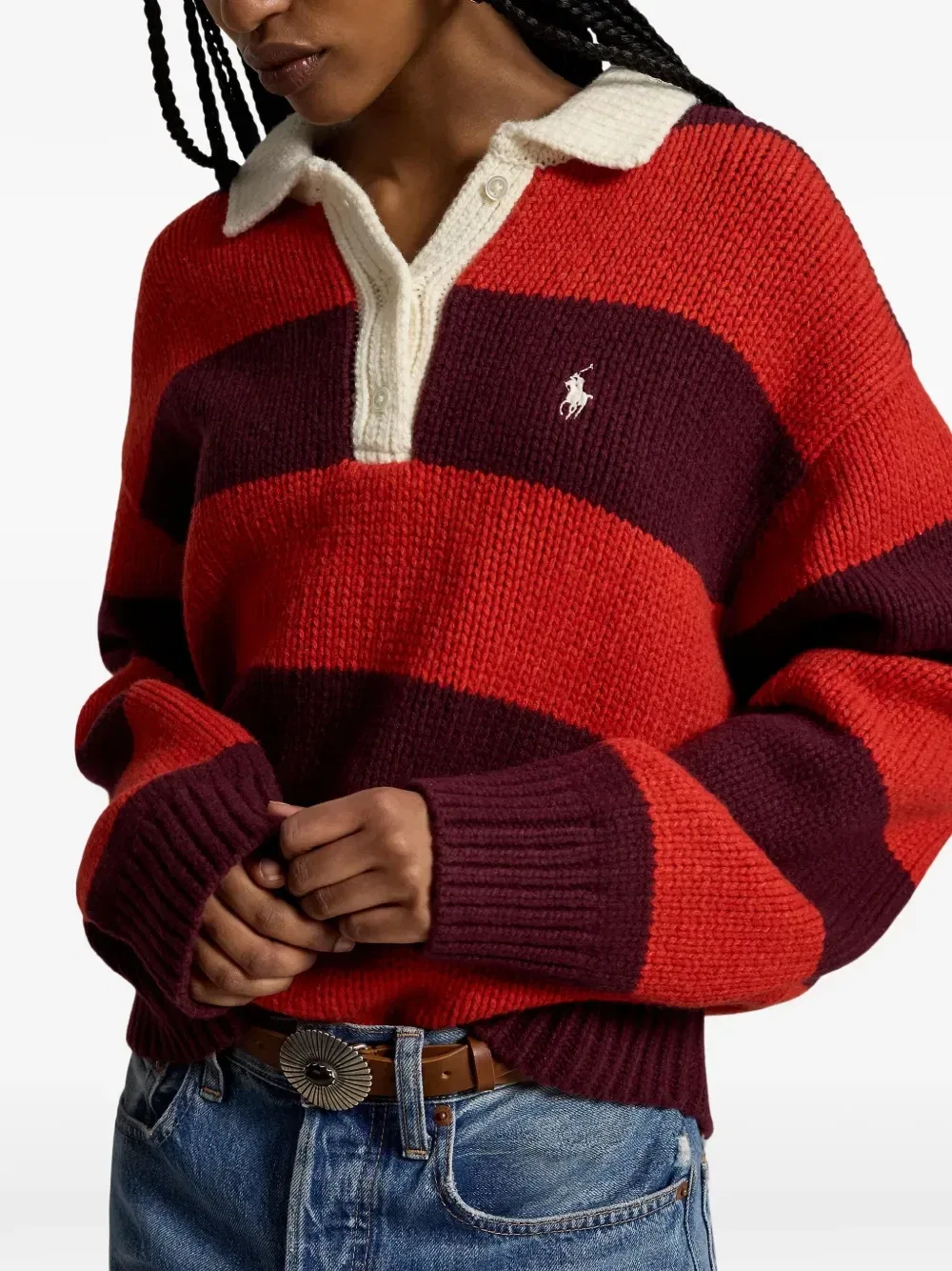 Полосатый свитер с воротником поло Polo Ralph Lauren, красный — фото 4